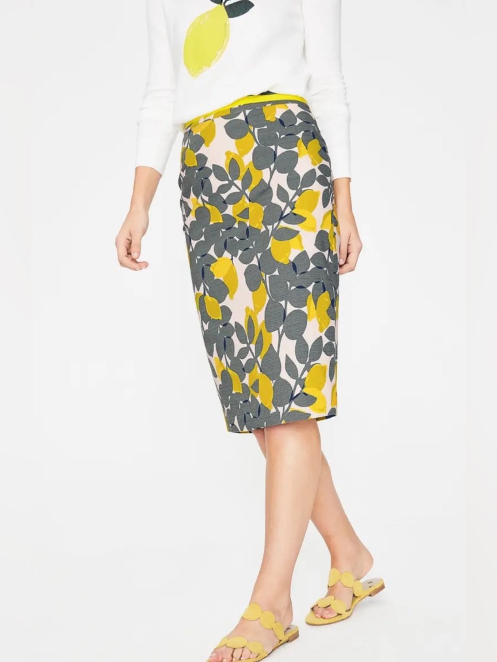 Boden Yellow and Gray Floral Midi Pencil Skirt